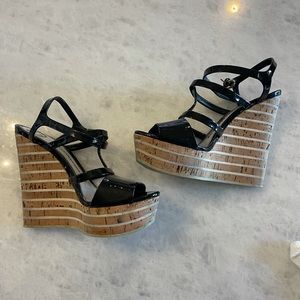 Gucci Patent Leather Cork Wedge Platform Heel